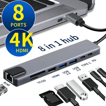 8 V 1 USB C Hub Typ C 3.1 Až 4K Adaptér HDMI s RJ45 SD TF Card Reader PD Rýchle Nabitie pre MacBook Notebook Prenosný Počítač
